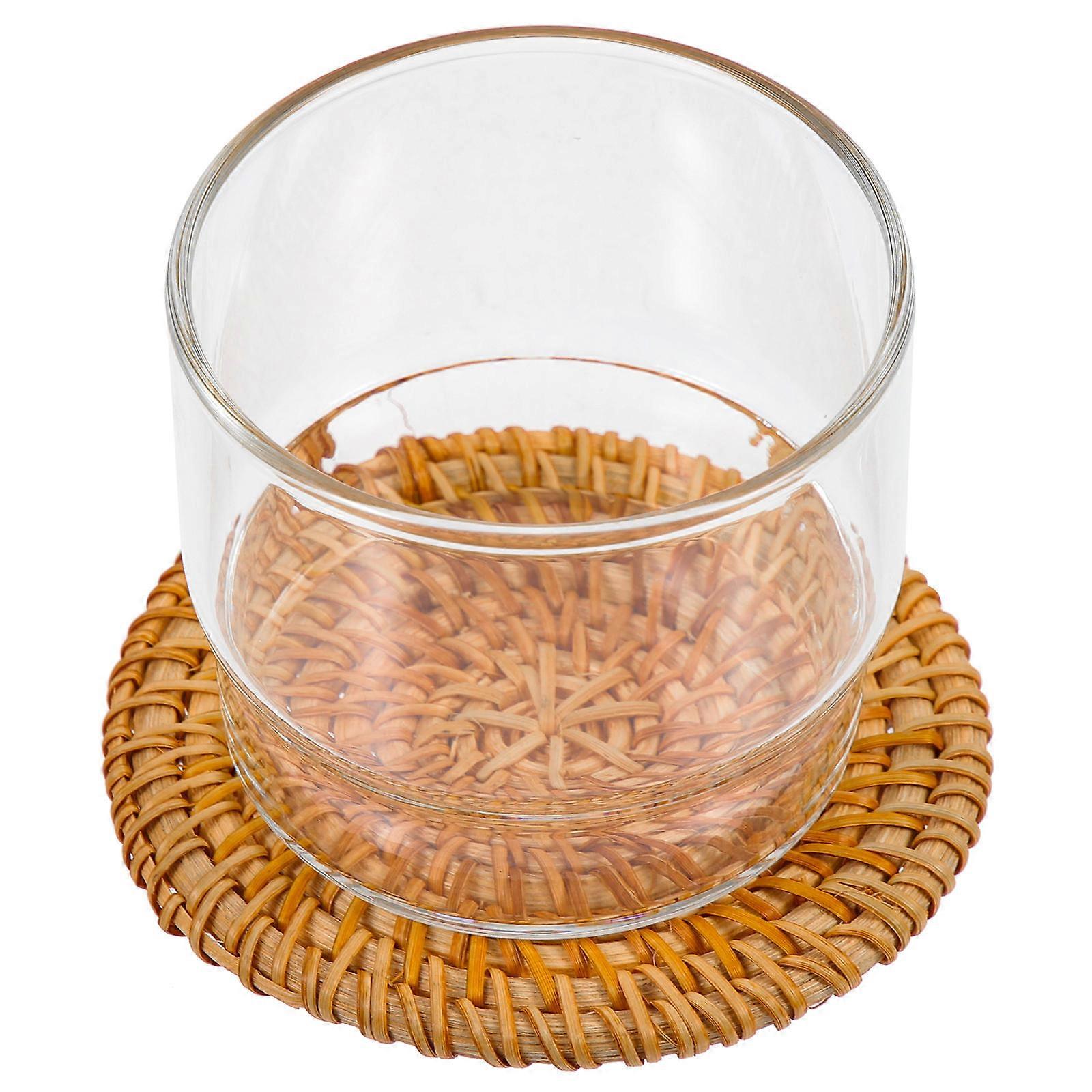 Milk Drinking Glasses Set Of 5 With Rattan Design For Family Friends Home Use Christmas And Father's Day 8X8X6.8CM Storage