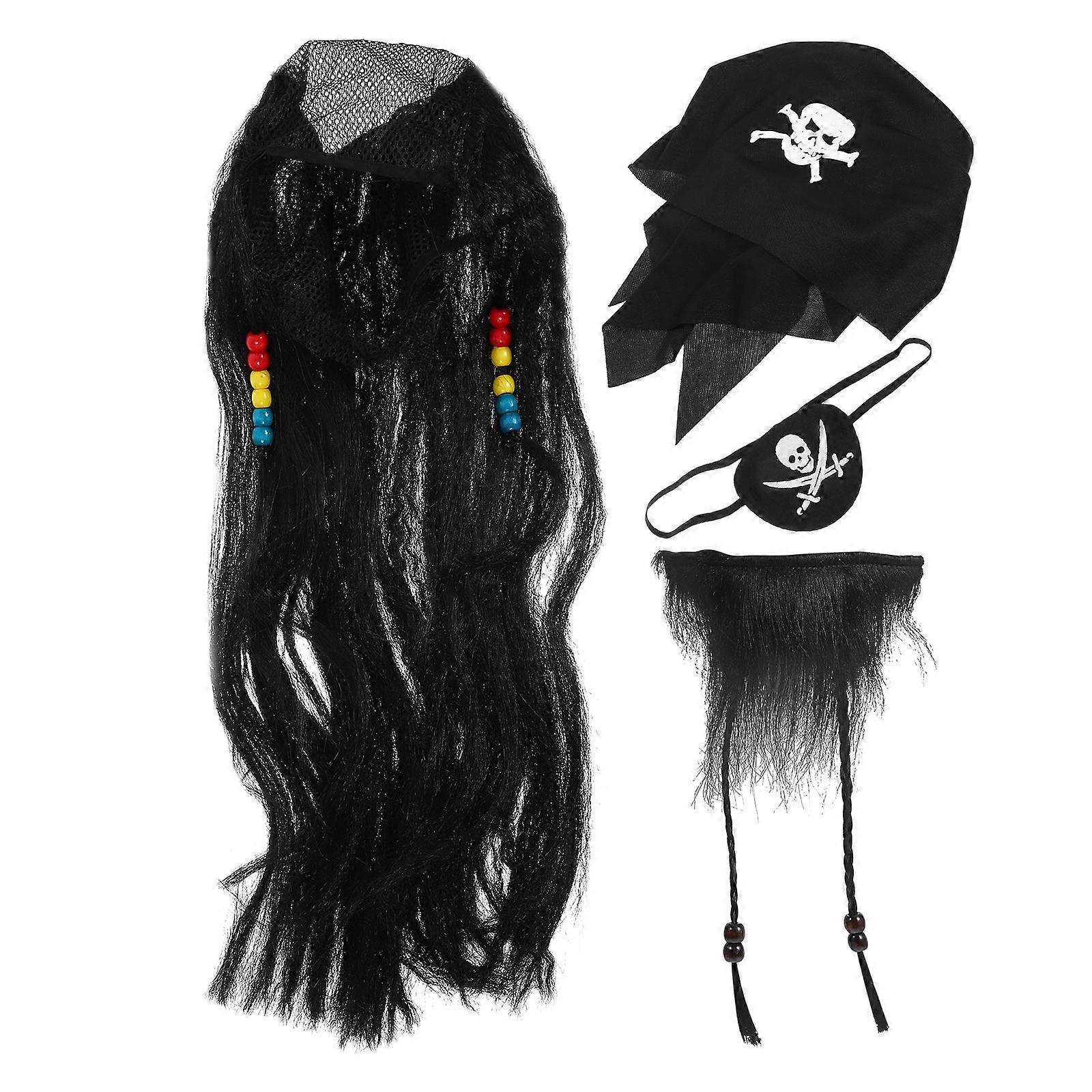 Halloween Pirate Wig Beard Set for Cosplay 3Sets Soft Black Costume Accessory