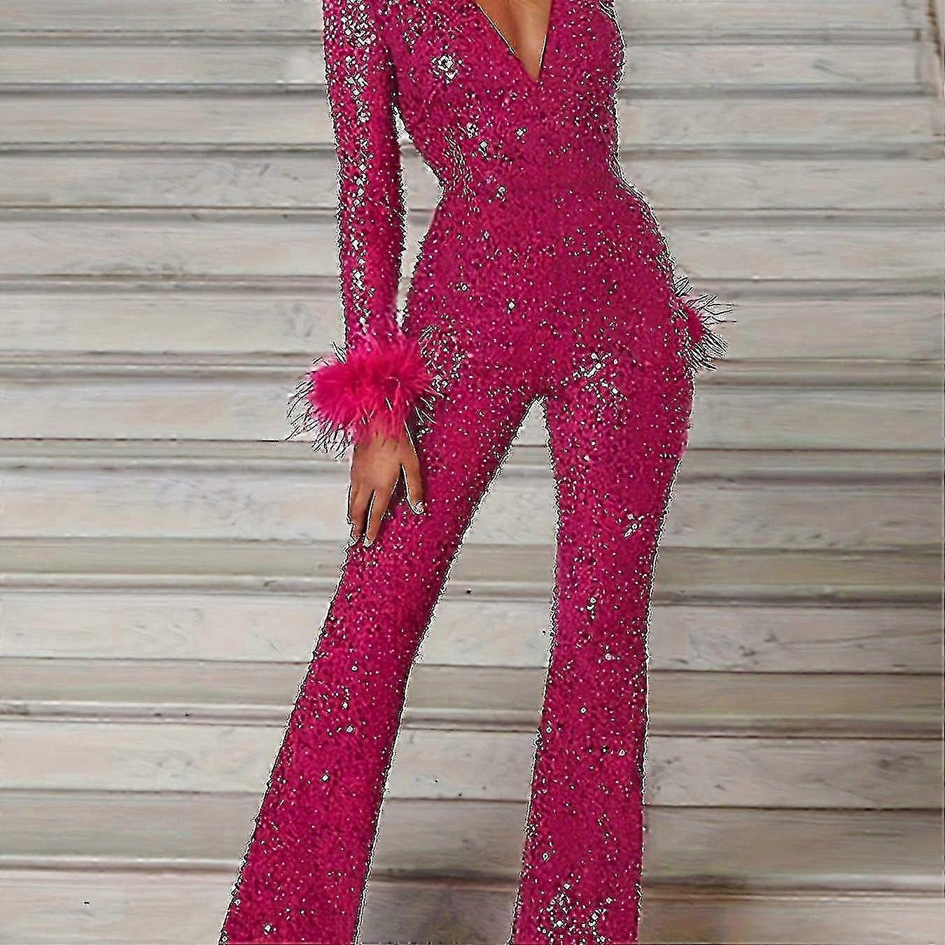 Stylish Solid Color Sequin Wide Leg Jumpsuit with Deep V Neck and Long Sleeves, Perfect for Fall and Winter Occasions 26s
