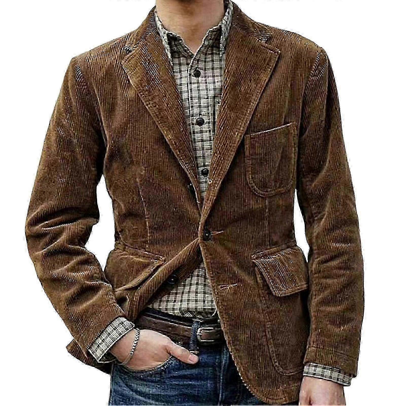 25-26 Single Breasted Corduroy Lapel Suit Jacket with Flap Pockets for Men