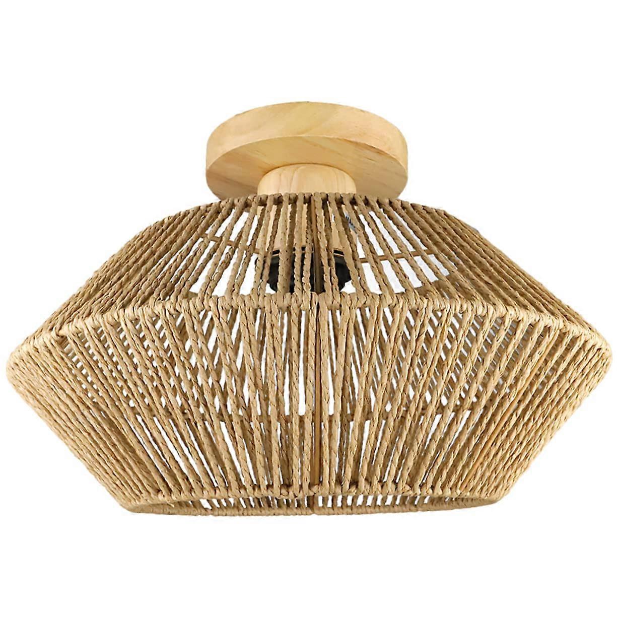 Rustic Rattan Ceiling Light Flush Mount Straw Rope Shade Easy Clean Vintage Inspired Lighting