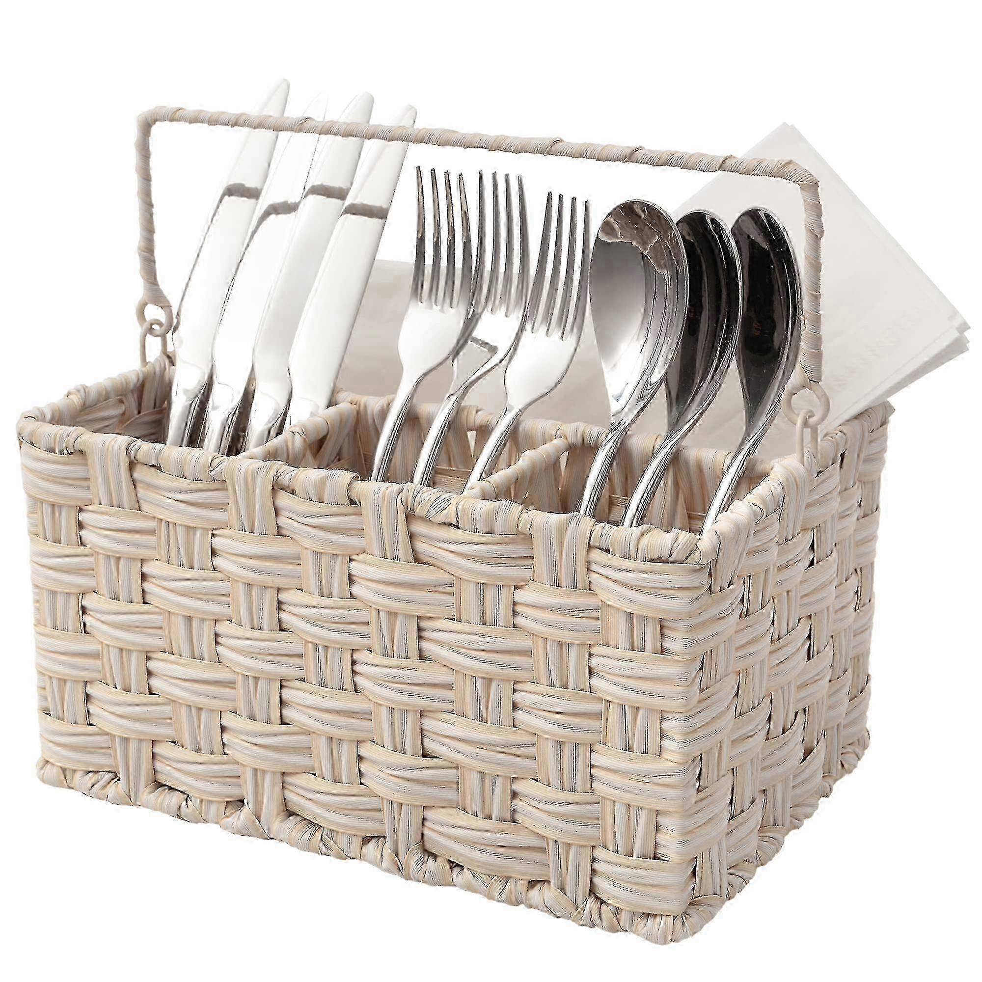 Condiment Organizer - Silverware Caddy with Wicker Utensil Basket: Spoon & Fork Holder for Counter Storage