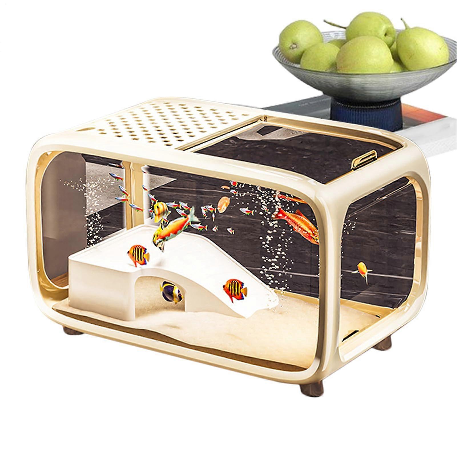 Tabletop Aquarium Mini Desktop Tank With Rock Climb Decor, Transparent Acrylic Habitat For Shrimp Betta Turtle, Creamy