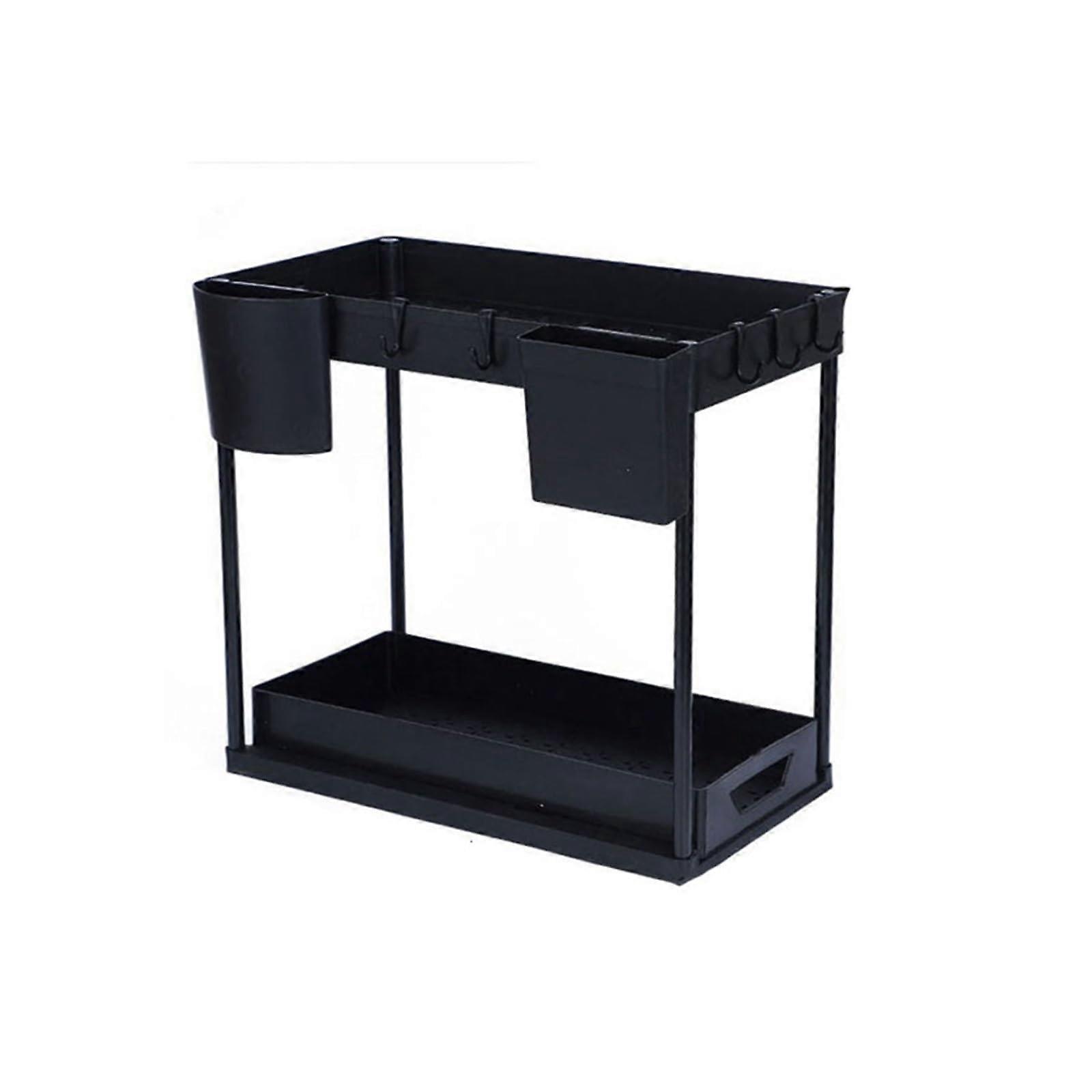 PullOut Storage Organizer For Kitchen And Bath Sinks HeavyDuty Cabinet Rack With 5 Hooks 2 Utensil Holders Black