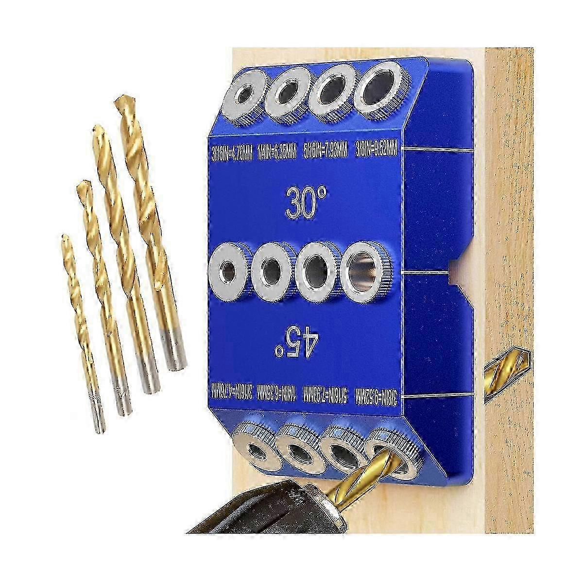 30 45 90 Degree Angle Drill Guide Jig, Jig for Angled and Straight Holes with 4 Sizes Steel Bits