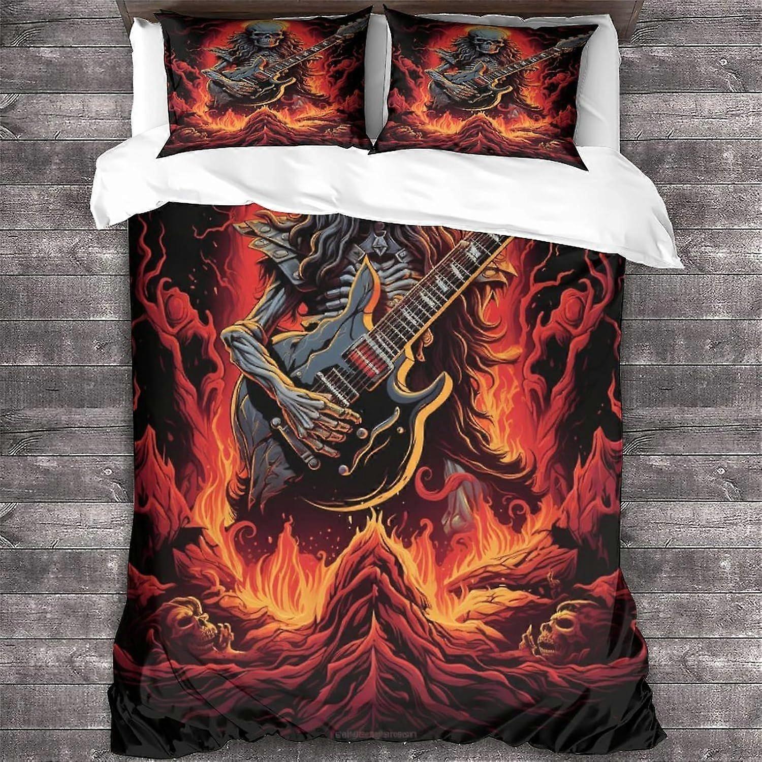 روك أند رول غطاء لحاف مع أكياس وسادات مجموعة الفراش الجمجمة بنمط الغيتار الثقيل مع غطاء لحاف ناعم من الألياف الدقيقة بسحاب إغلاق
