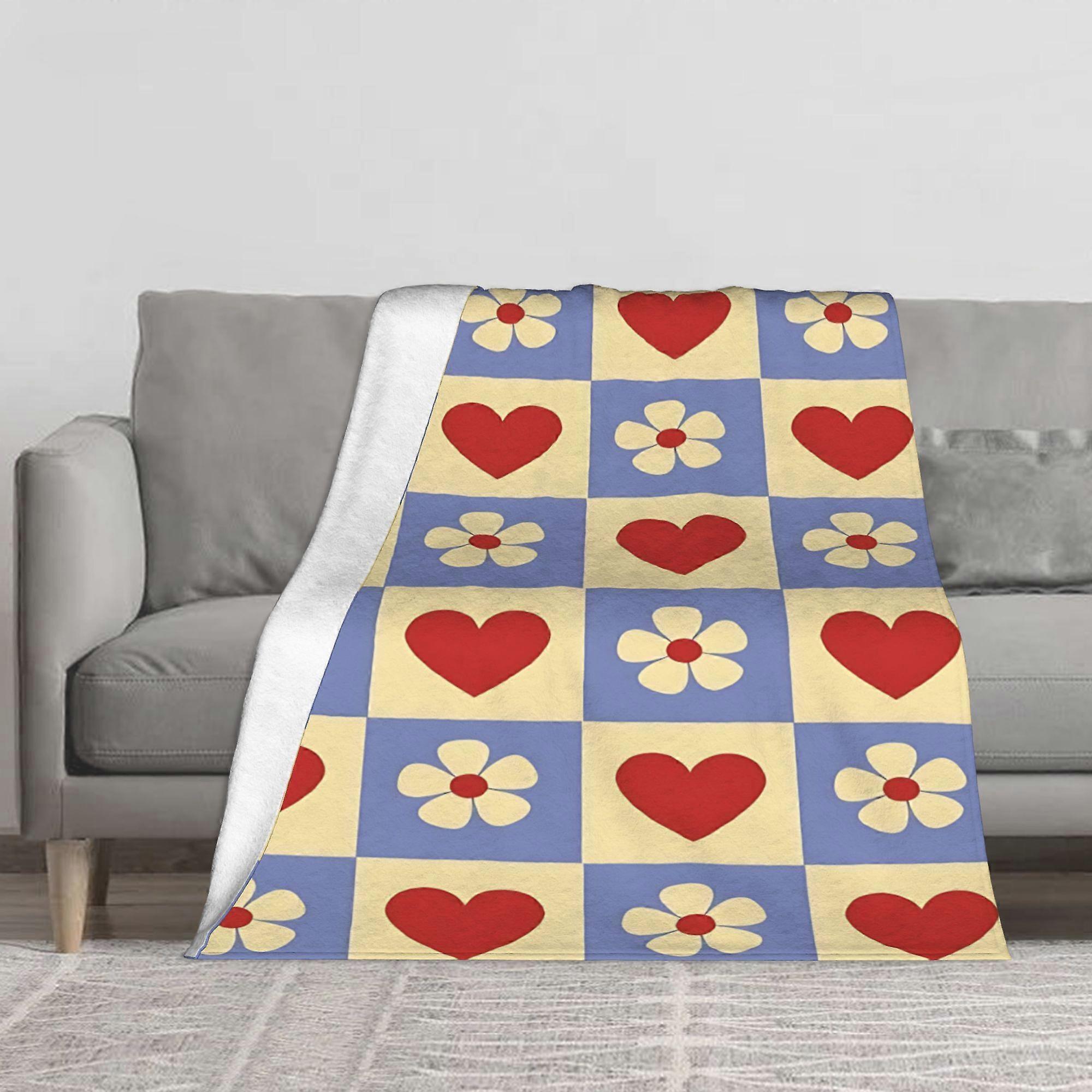 Cozy Heart Grid Pattern Flannel Blanket - Soft All-Season Throw with Red Hearts, Machine Washable - for Bed, Couch, Floo-AZXCV31