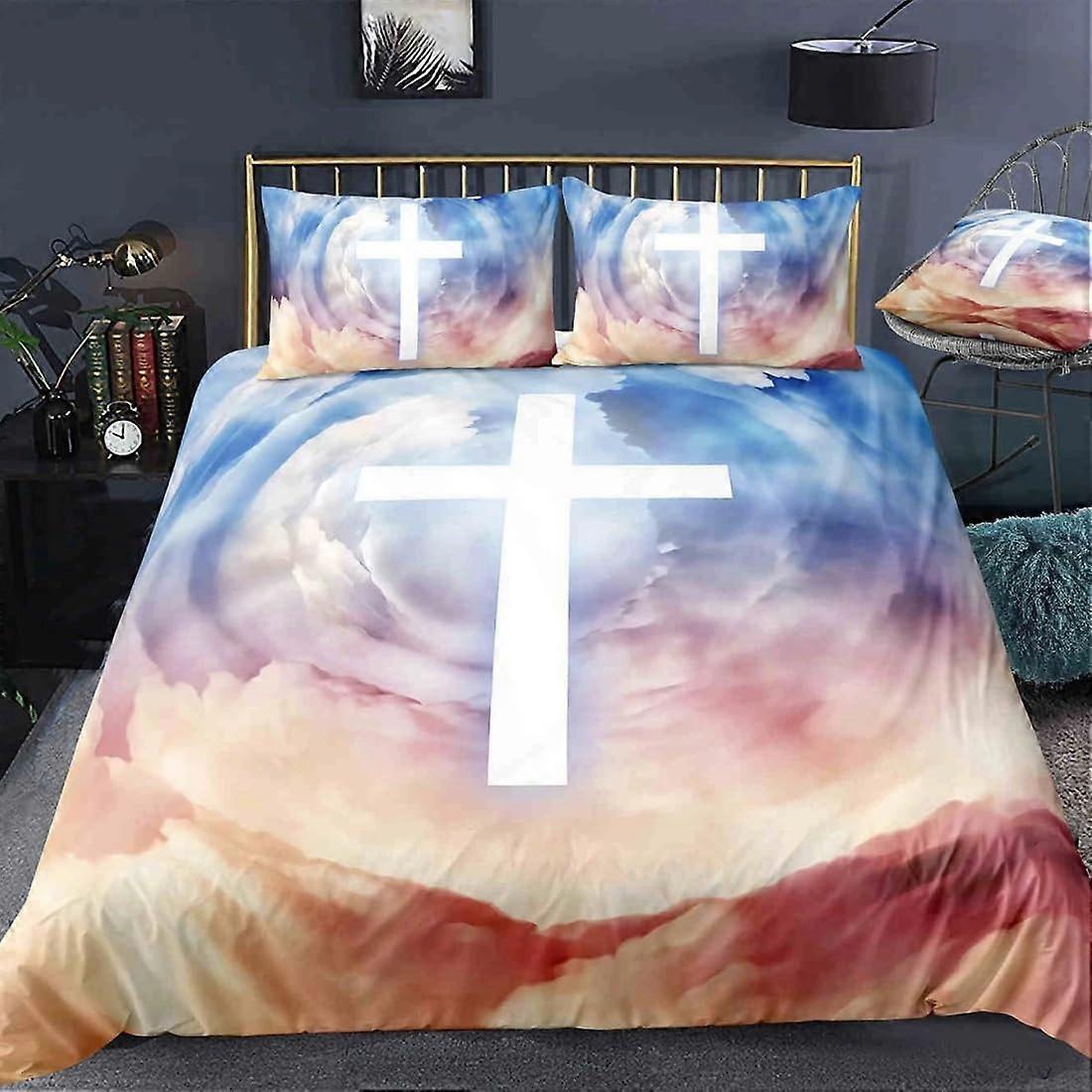 Christian Duvet Cover Twin Size 3D Cross Print Religious Bedding Set Extra Soft Cotton for Adults and Kids