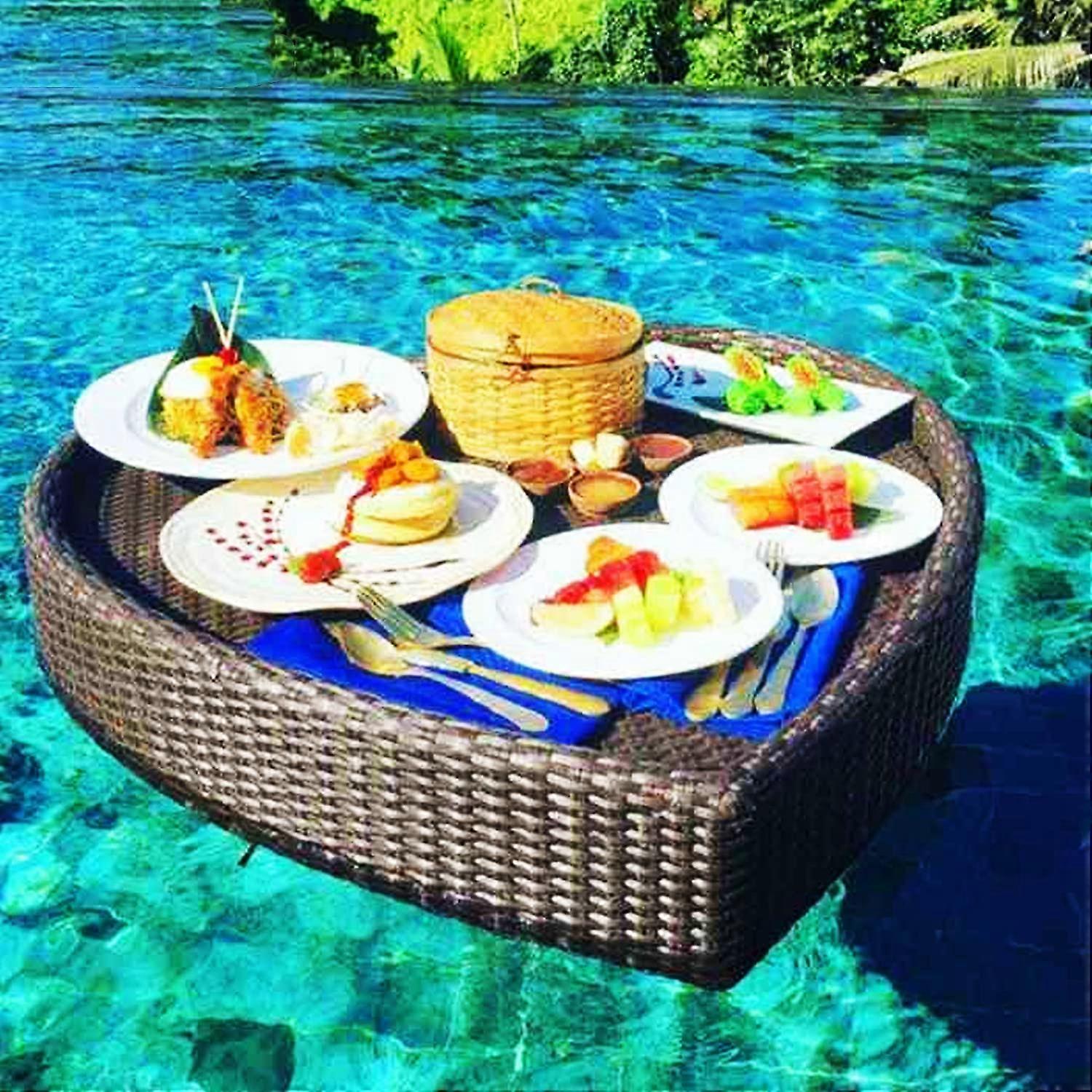 Heart Shaped Floating Serving Tray for Poolside Drinks and Snacks, Large Waterproof Woven Design