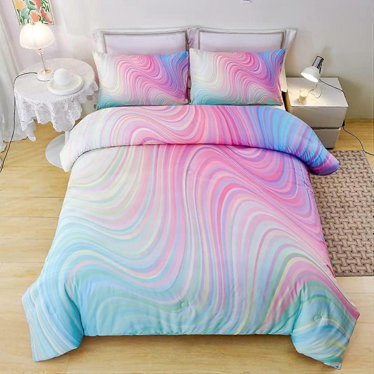 Girls Twin Comforter Set Pink Tie Dye Rainbow Bedding with 2 Pillowcases Soft Microfiber