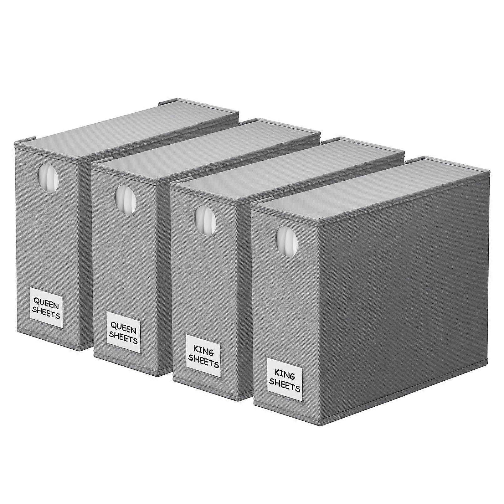 4 Pack Bed Sheet Organizer with Clear Window, Foldable Linen Storage Box for Queen and King Bedding, Gray