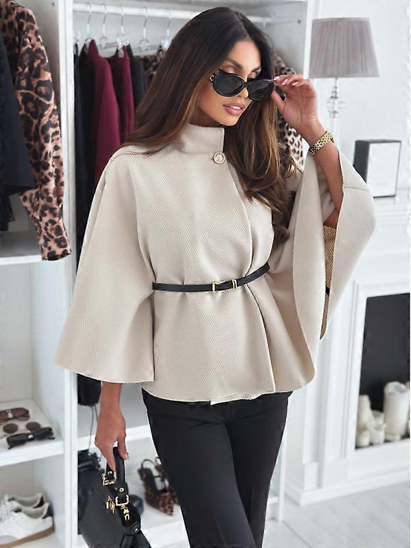 Winter Solid Belted Woolen Cape Coat for Women