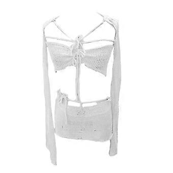 Women's 3Pieces Sparkly Sequins Crochet Coverup Shrug and Hollowed Knit Swimsuit Tube Top and Mini Skirt Set Beachwear White