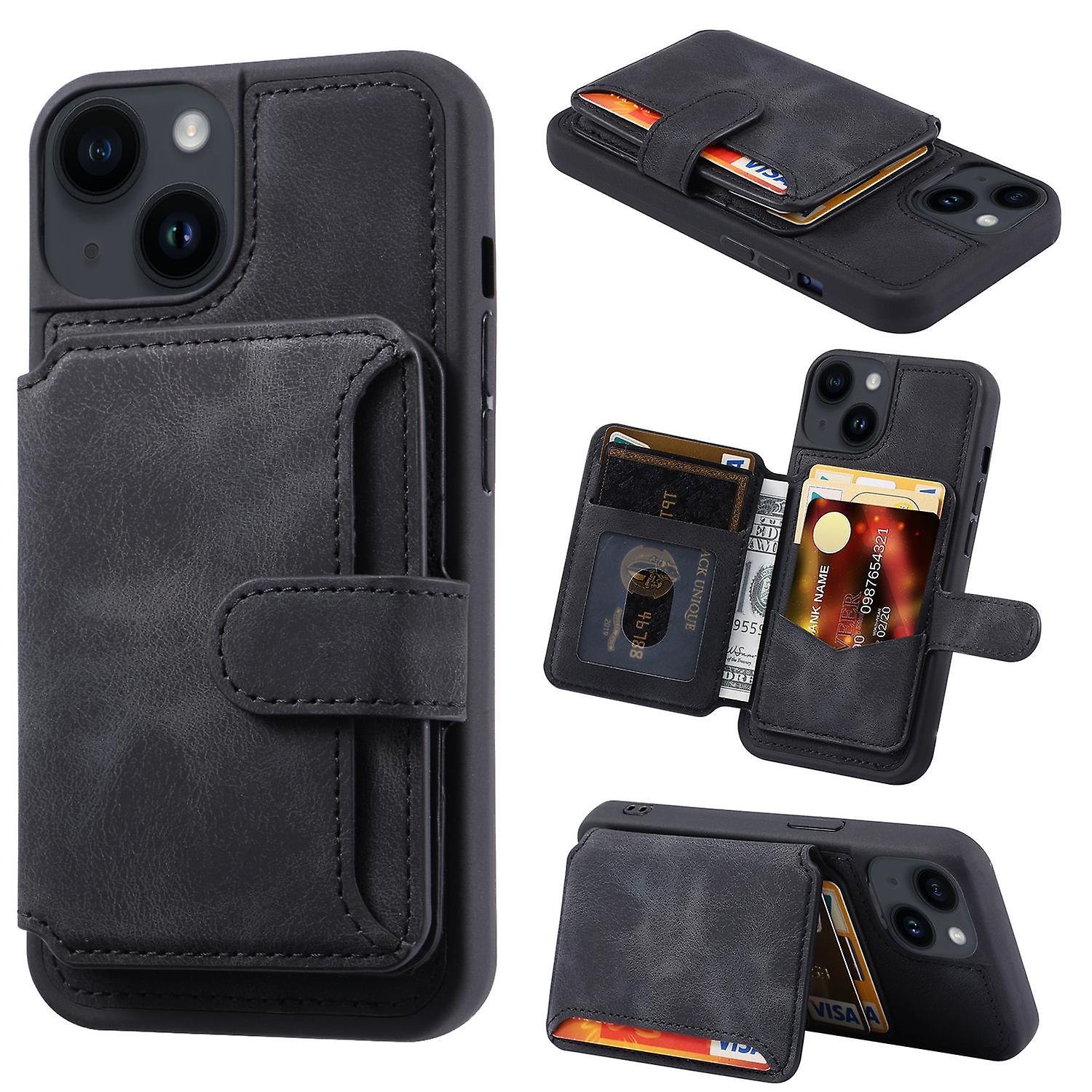 For iPhone 15 Plus Leather Coated TPU Phone Case RFID Blocking Wallet Phone Cover with Kickstand