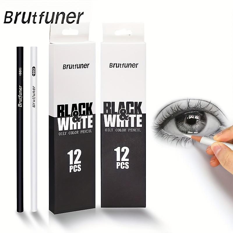 Brutfuner 12pcs/set Black And White Sketch Charcoal Pencil Highlight Standard Pencil For Sketching Drawing Pencils Set Art Painting Supplies