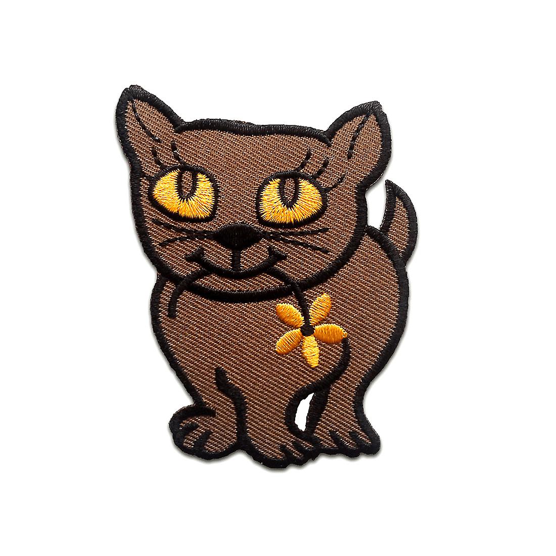 Patch / iron-on patch - Cat with flower - brown - 7.5 x 5.9 cm - Iron-on patch