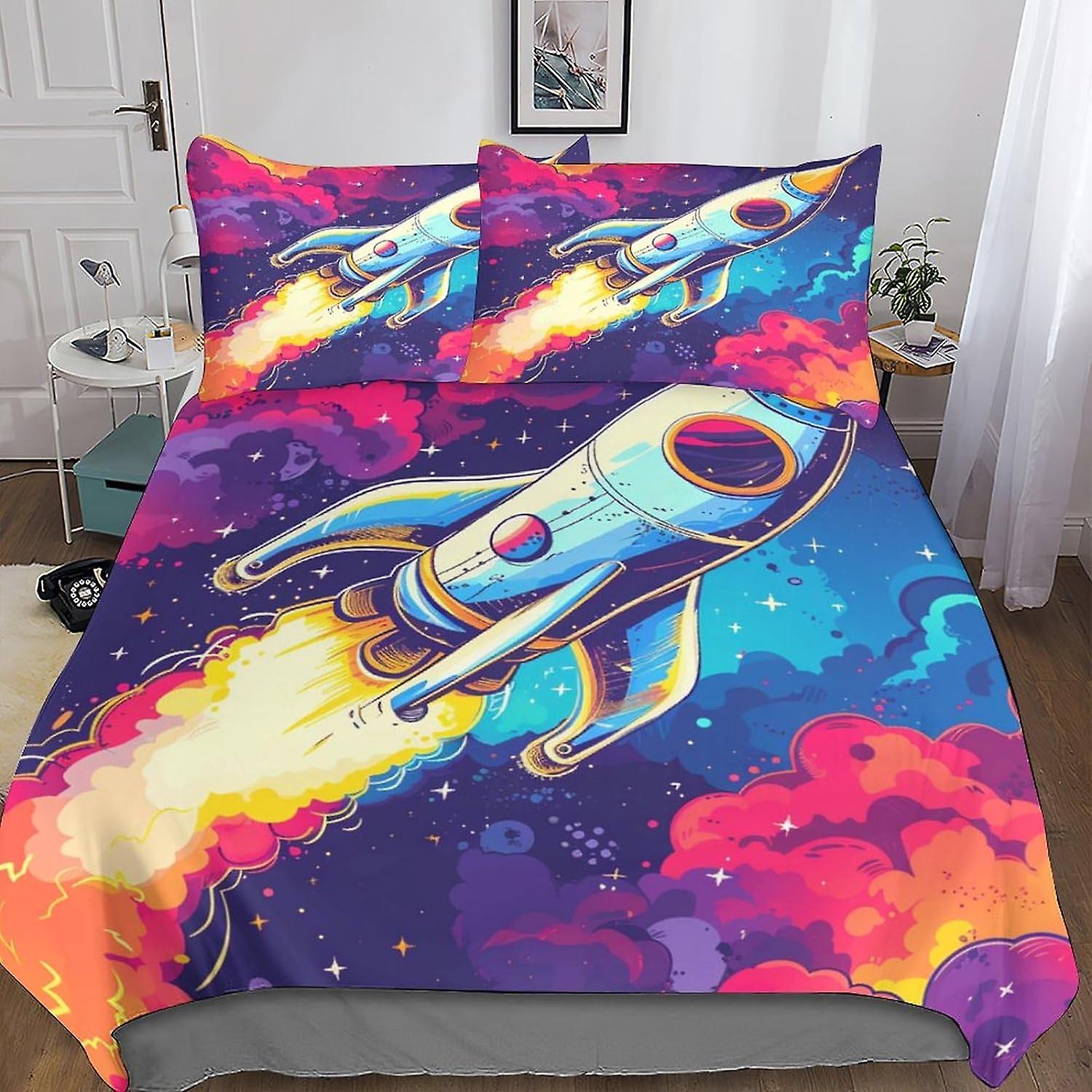 DSJackson Galaxy Planet Rocket 3D Print Duvet Cover 3PCs Universe Quilt Cover Bedding Set with Microfiber with Hidden Zipper Closure with Pillowcases 