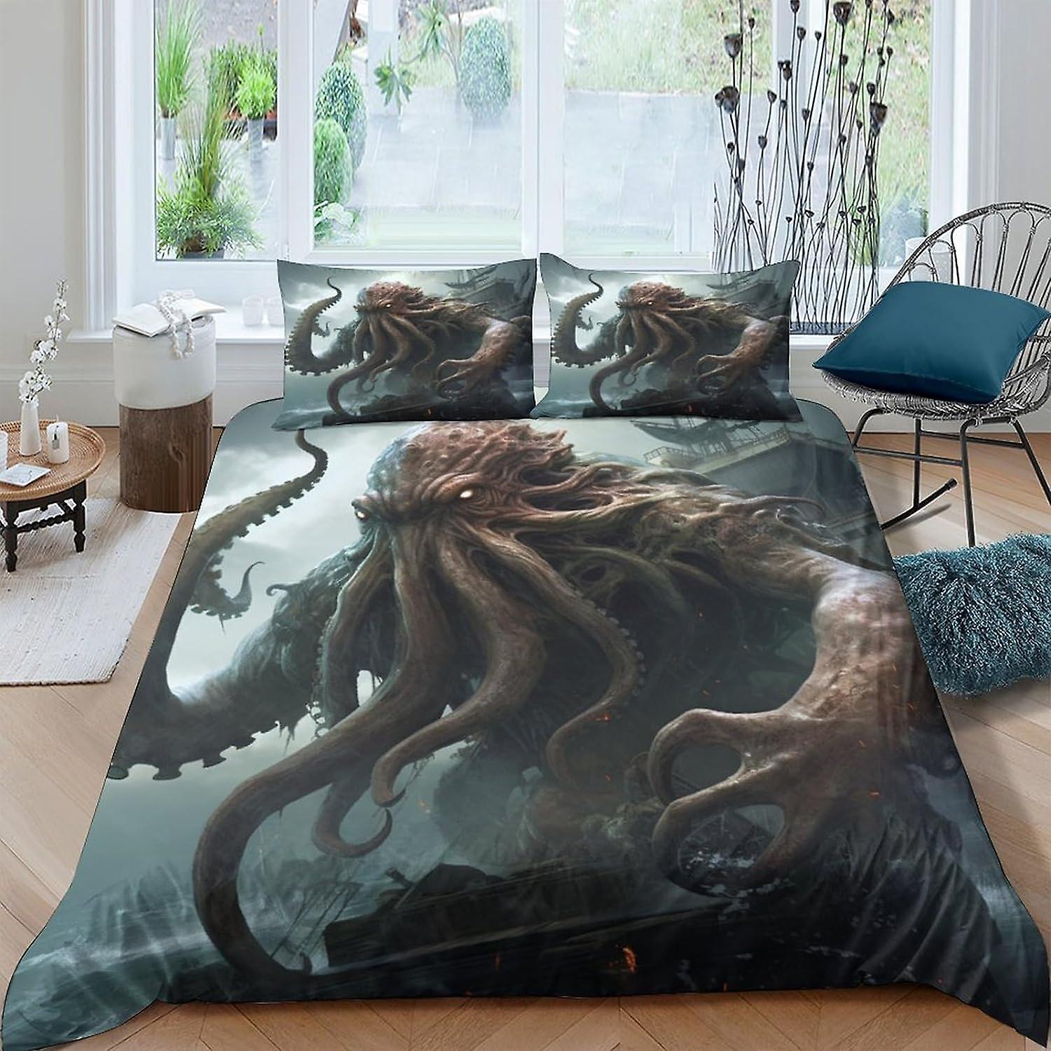 VCLUST Octopus Sea Monster Sängkläder Set Påslakan Set för 3D-tryckt 3-delad uppsättning Mjuk andningsbar Tentakel Täcke Täcke Täcke Täcke med dragkedja Clo