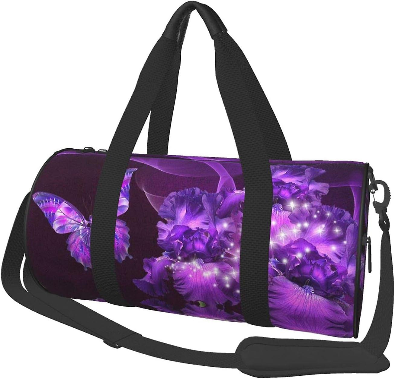 TEDISMC פרפר סגול ופרחים תיקי תרמיל נסיעות חדר כושר מזוודות ספורט תיק נסיעות גדול תיקי סוף שבוע לילה לגברים ונשים, שחור, חד צדדי