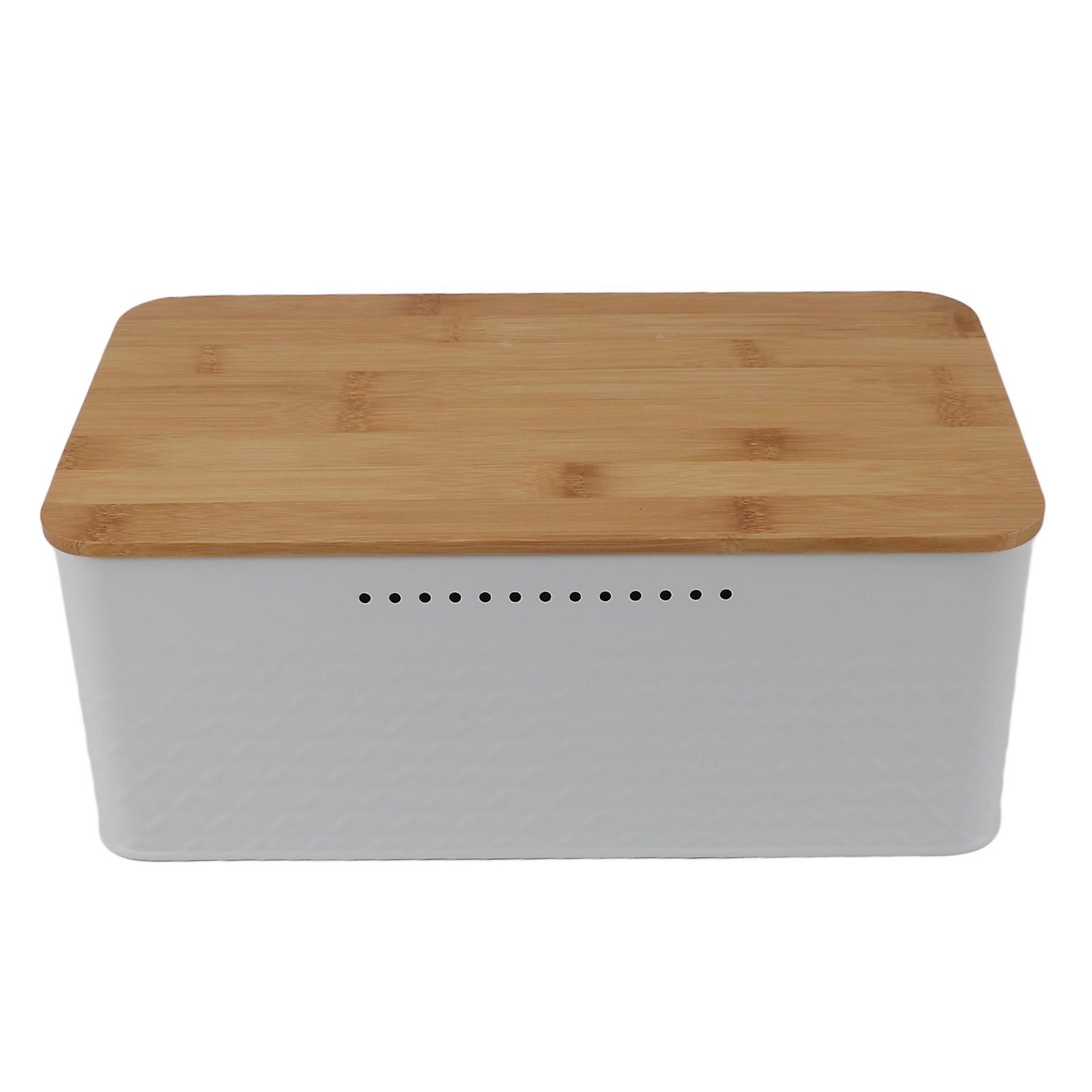 Bread Box Storage Bin with Bamboo Lid Grid Pattern Vent Holes Large Capacity Rectangle Bread Keeper for Kitchen Countertop White 