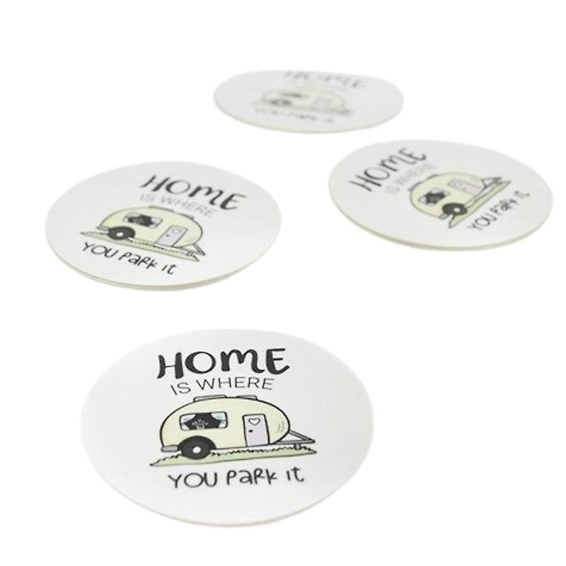 Coaster "Home is where you park it caravan" white with pastel coloured caravan