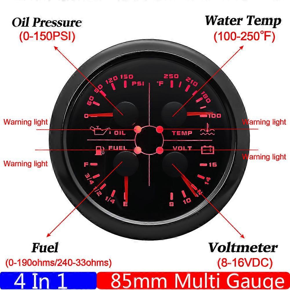 85mm Gauge with Alarm Red Backlight 4 IN 1 Multifunctional Oil Pressure+Water Temp+Fuel Level+Voltmeter for Yacht