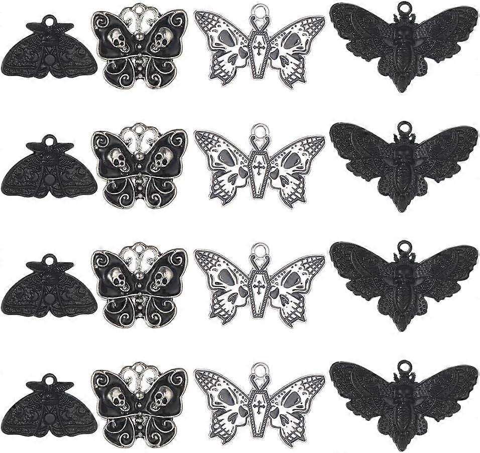1 Box 24pcs 4 Styles Butterfly Charm Moth Charms Bulk Gothic Charm Black Skull Butterflies Skeleton Halloween Alloy Insect Charm for Jewelry Making Ch
