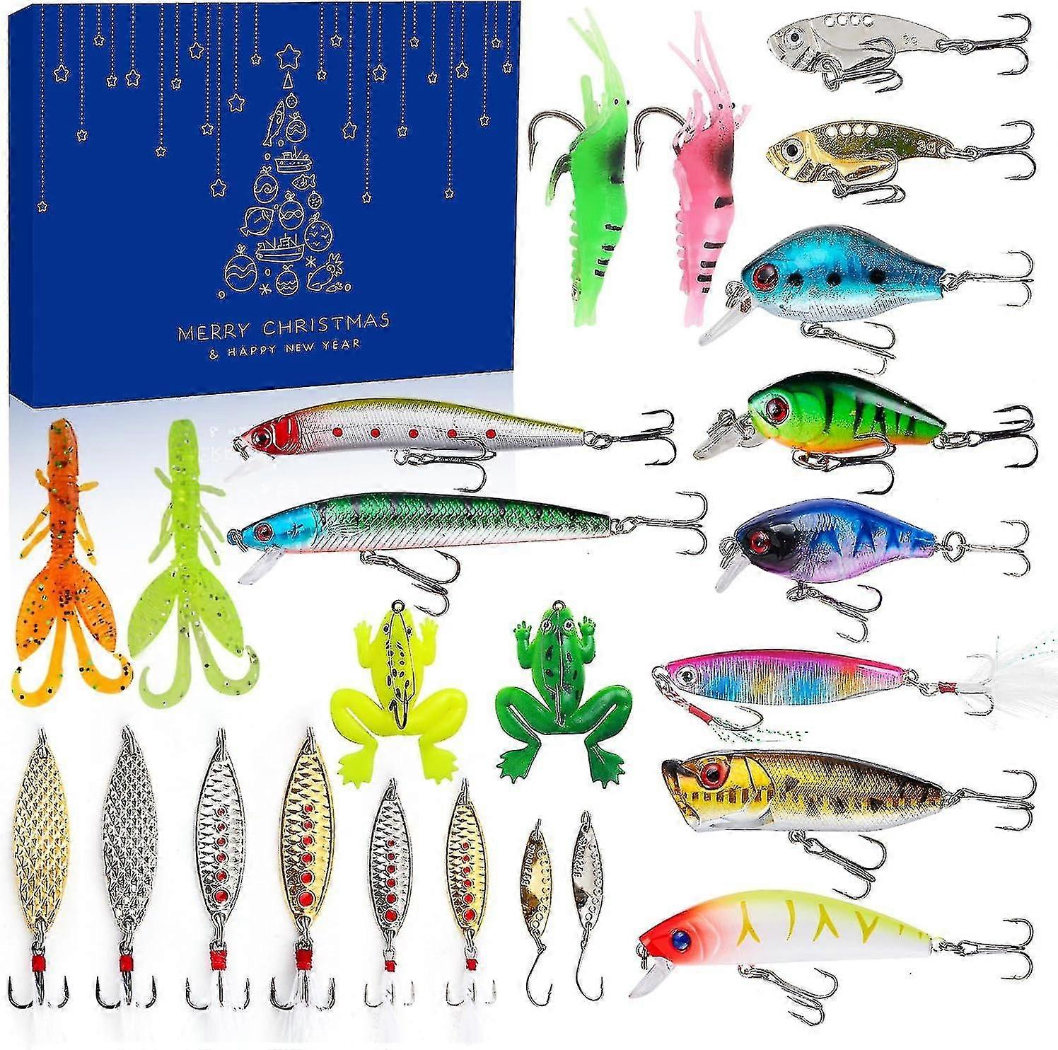 Weihnachtsadventskalender 2024, Angelköder-Set, 24 Tage Fischköder Weihnachtsadventskalender, Angelköder Adventskalender Geschenke