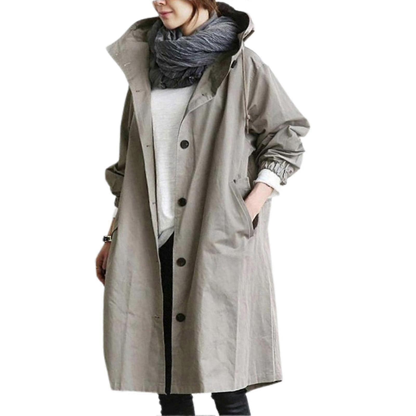 Women Windbreaker Jacket Casual Loose Button Pockets Hooded Windproof Waterproof For Outdoor Hiking