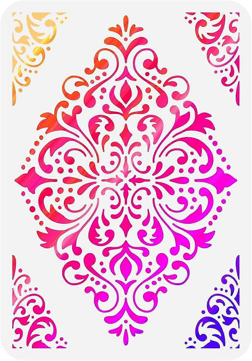 Flowers Tile Stencil Template 8.3x11.7 inch Floral Drawing Painting Stencil Plastic Diamond Flourish Damask Patterns Stencil Reusable Stencil for Pain