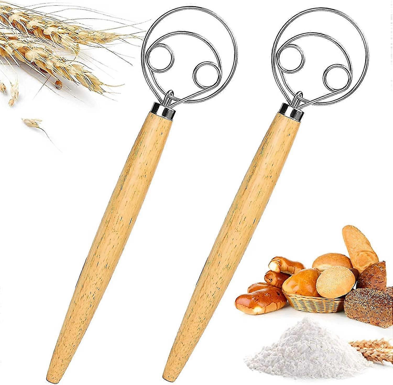2 Pieces Danish Dough Whisk Bread Dough Whisk Handheld Dough Mixer Wooden Handle Dough Whisk, Stainless Steel Danish Whisk, Kitchen Tools For Bread, P