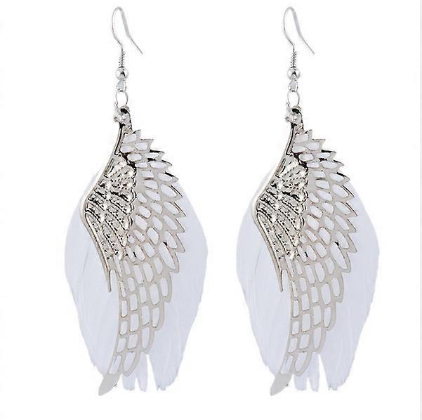 Silver Wing Feather Earrings - Various Colors White