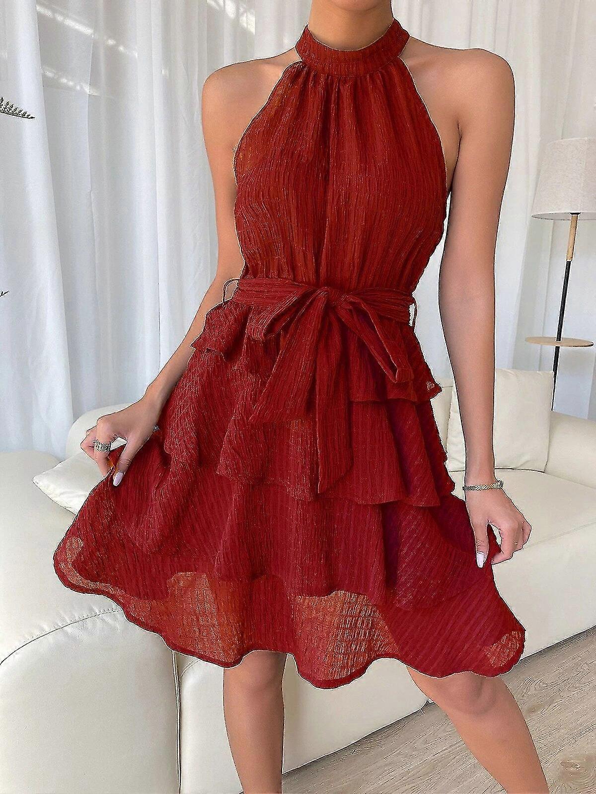 Zarif İnce Seksi Askısız Halter Elbise Kadın Yaz Elbiseleri Şık Katı Kolsuz O-yaka Kravat Bel Fırfırlı Mini Elbise