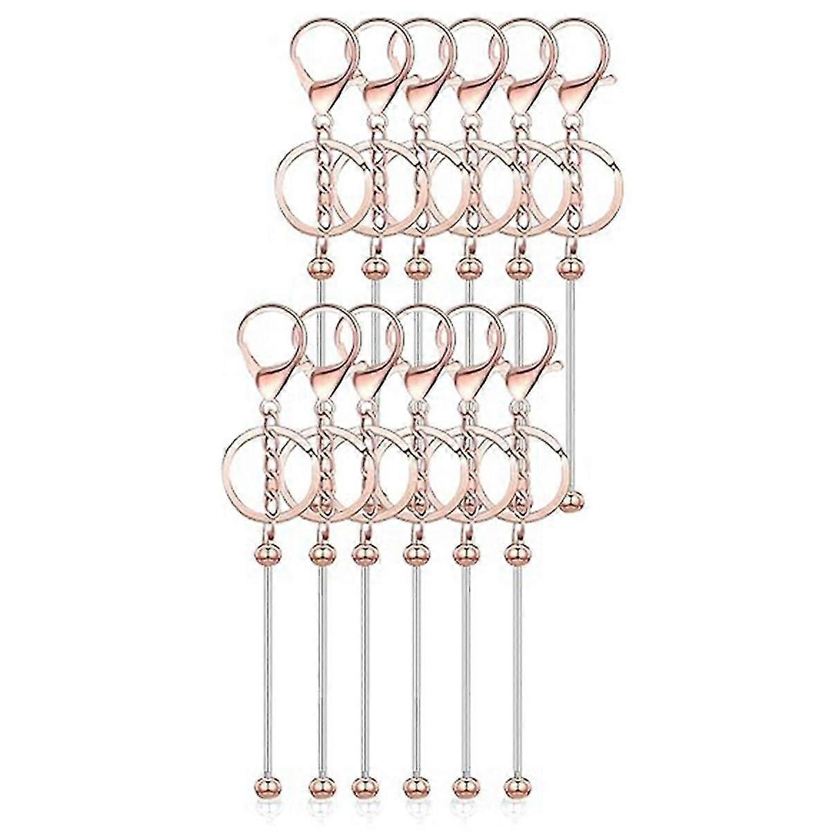 12 Pcs Beadable Keychain Bars For Beads Blank Keychain Metal Beaded Keychain For Keychain, Rose Gol