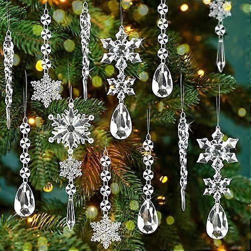 16 Pieces Crystal Ornament Christmas Tree Decorations, Acrylic Snowflake Icicle Drop Tree Decorations, Christmas Tree Hanging Snowflake Pendants for C