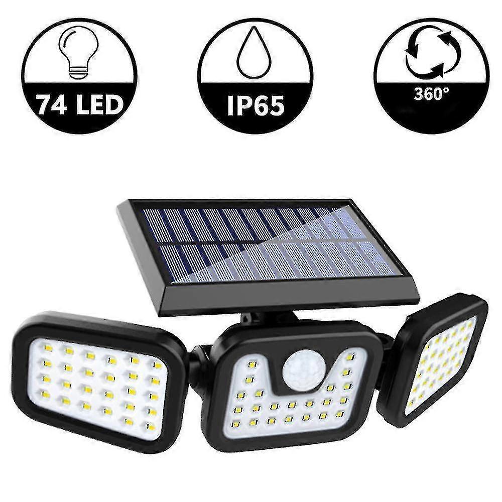 Solar Security Lights, 3 Head Motion Sensor Lights Adjustable 74led Outdoor Flood Lights