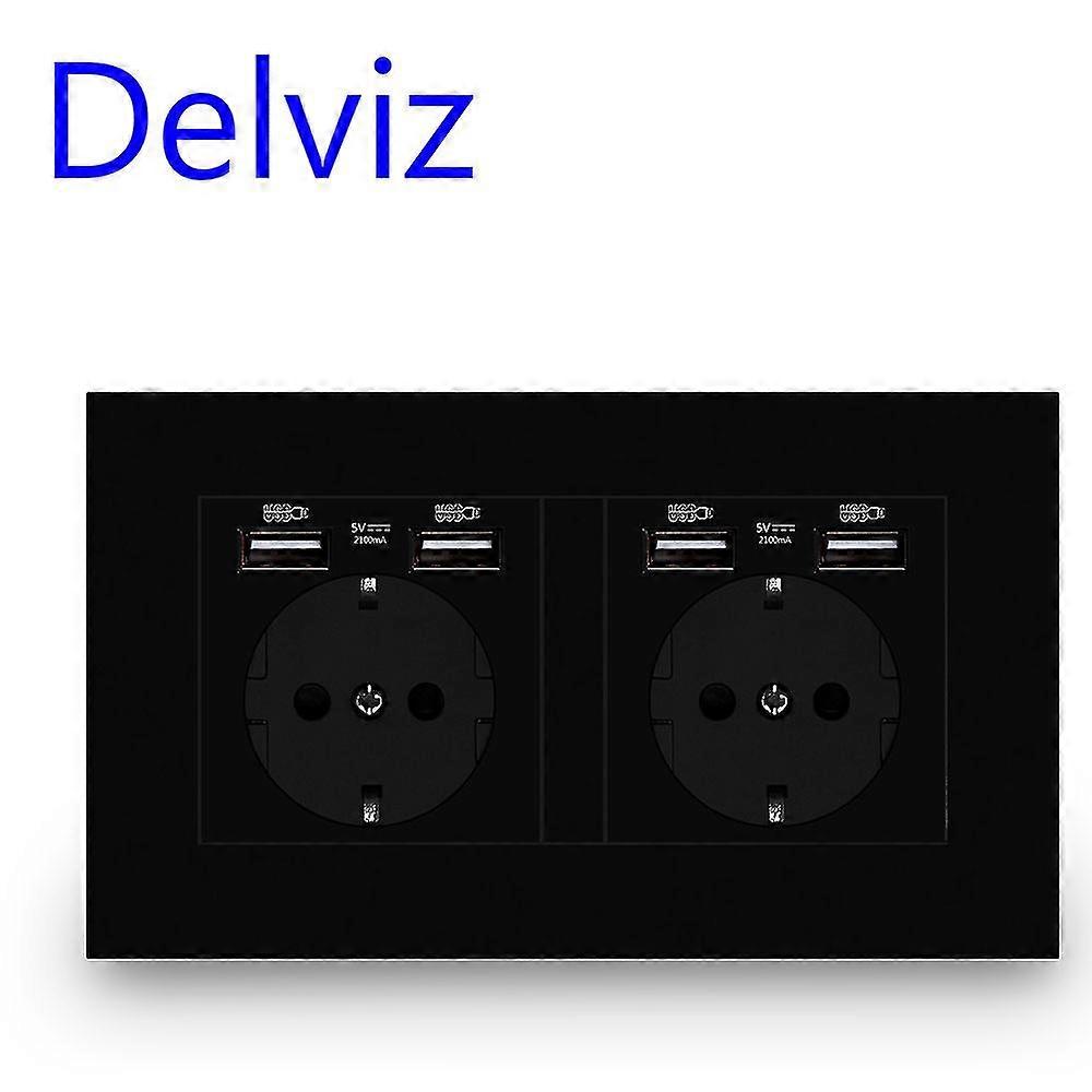 Delviz Wall Usb Power Outlet, Black Panel Charging Interface, Ac 110~250v 146mm * 86mm, 16a Double Frame Eu Standard Usb Socket