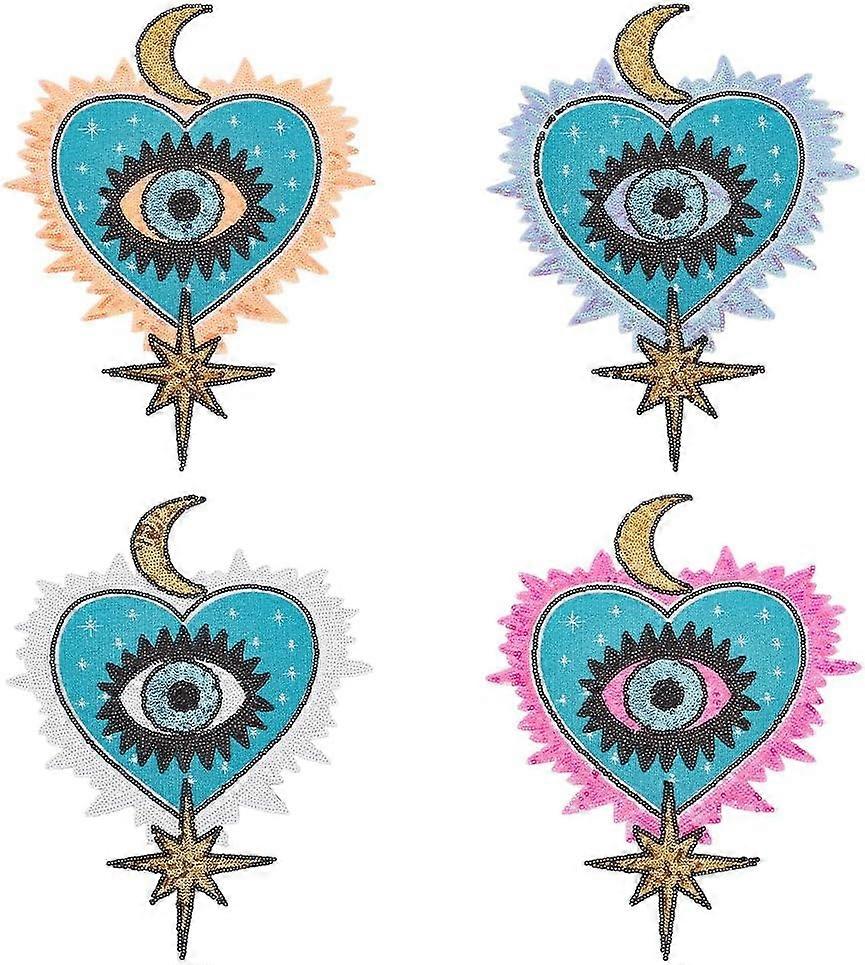DIY 4Pcs Large Heart Eye Beaded Patches for Clothes 4 Colors Heart Evil Eye Sequined Patch with Moon Star Sew on Beaded Applique for Clothes Jeans Jac