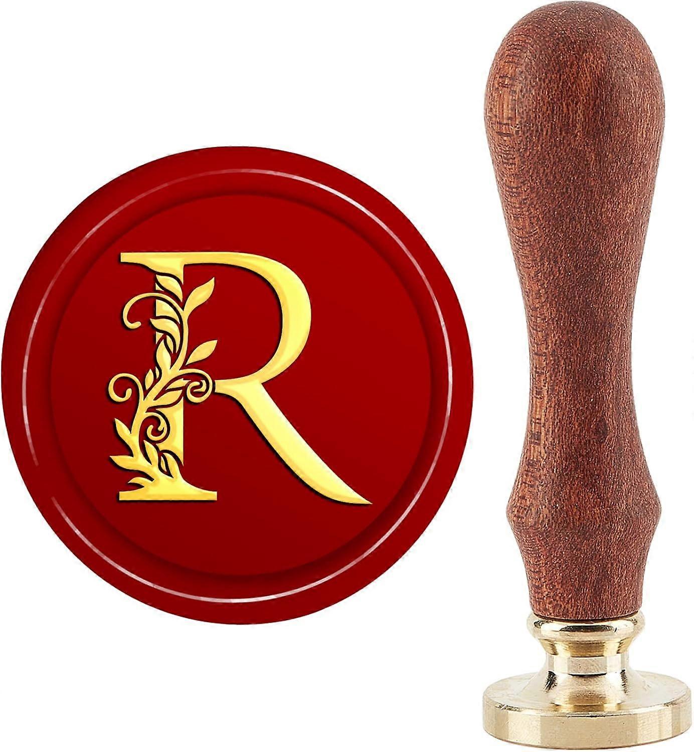 Initial Alphabet R Wax Seal Stamp Vintage Botanical Leaves Letter Sealing Wax Stamps 30mm Removable Brass Stamp Head with Wood Handle for Wedding Invi
