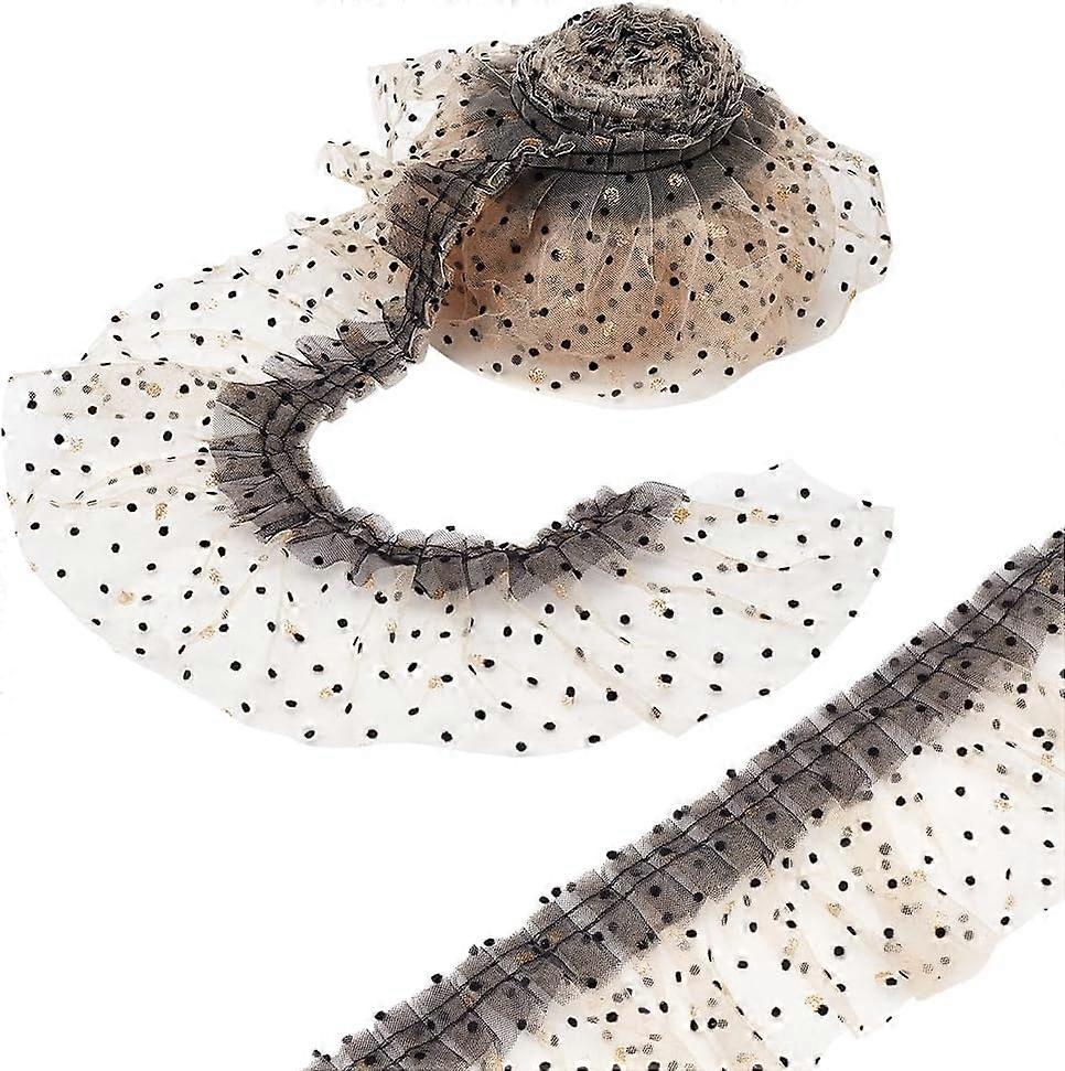 4Yards Dot Pleated Lace Trim 3-1/2 Inch Double Layer Embroidered Mesh Lace Edge Ribbon Ruffled Lace Trim DIY Sewing Decoration for Collar Corsage Fluf