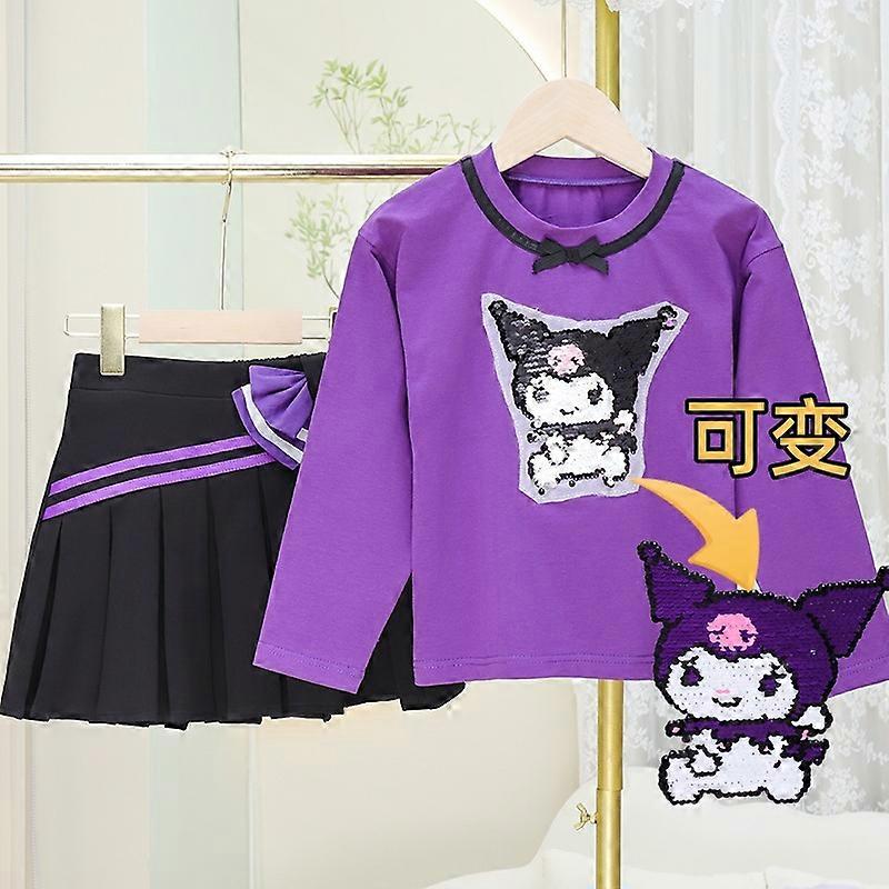 Kawaii Sanrios Kuromi الربيع والخريف طفل فتاة طويلة الأكمام تي شيرت تنورة مطوي قطعتين بدلة مجموعة لطيف الكرتون حلو
