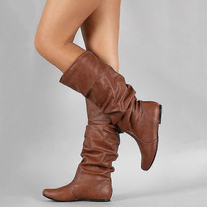 Women Faux Leather Mid Calf Flat Booties Wide Leg Slouch Boots