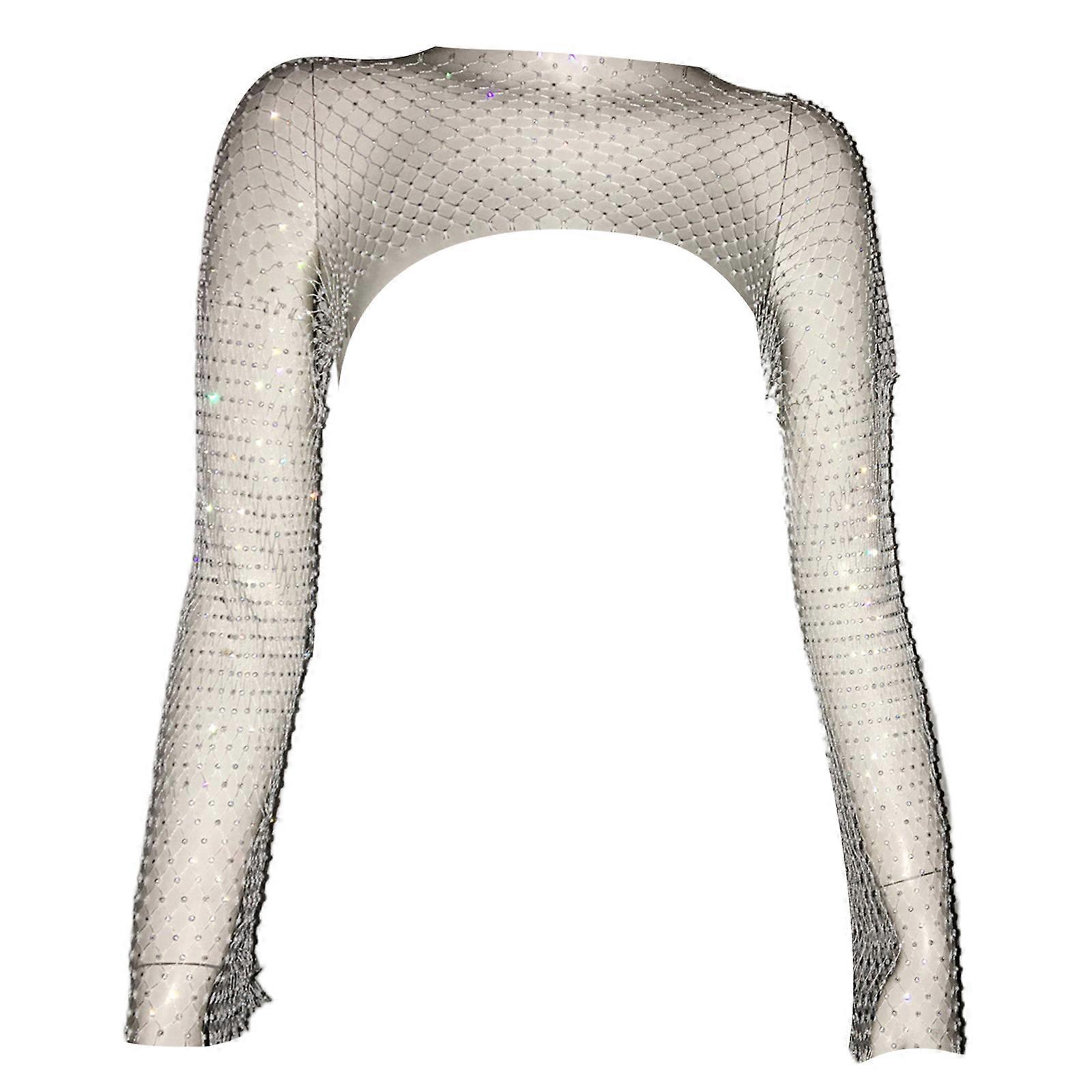 Frauen Langarm Cover Up Hemd Aushöhlen Netznetz Mesh Boleros Achselzucken Ästhetisch Glänzend Strass Festival Crop Top Weiß