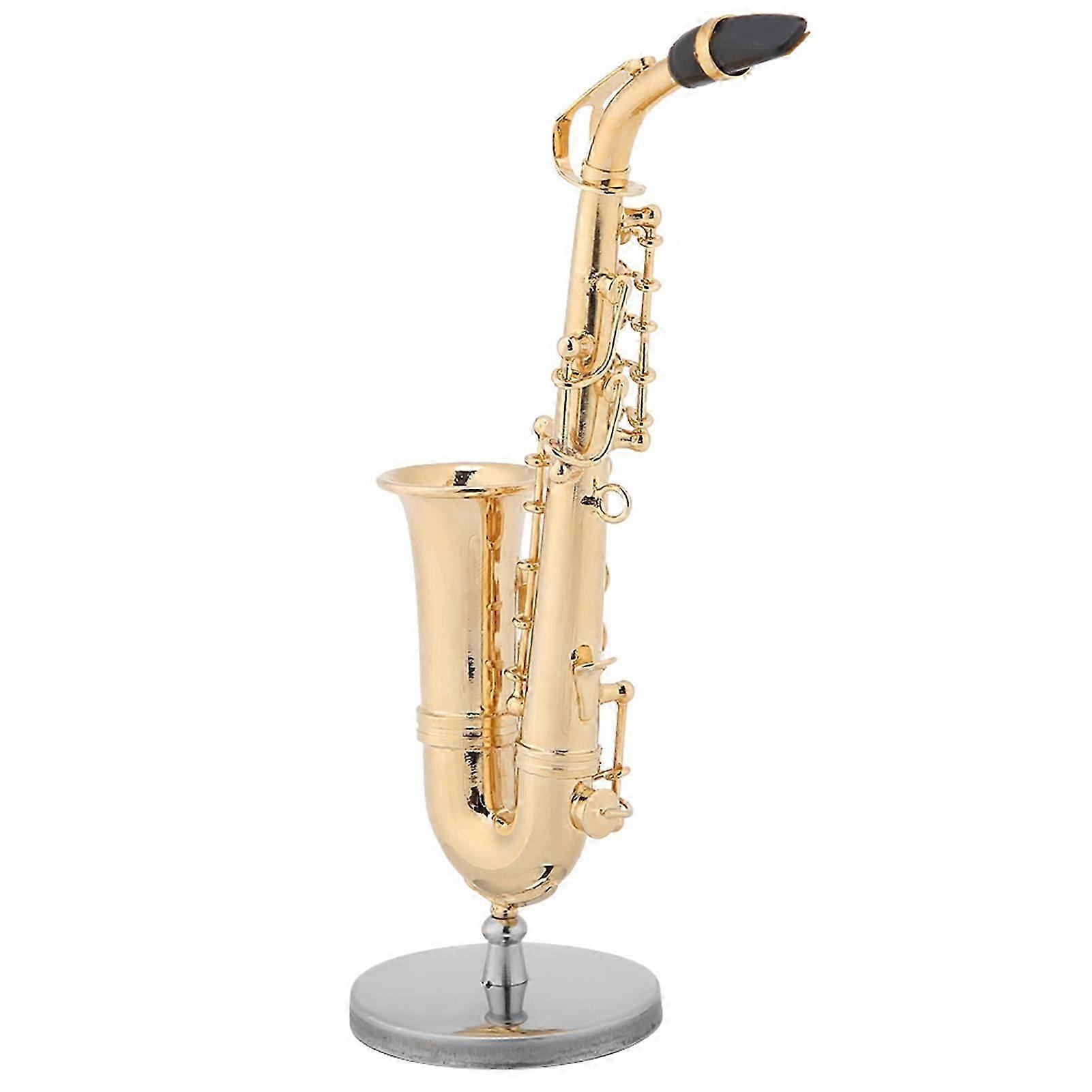 Miniature Alto Saxophone Replica with Stand and Case, Gold Plated Instrument Model Ornaments