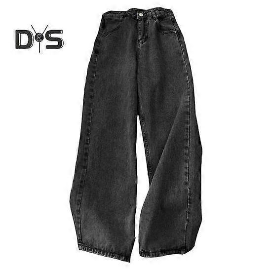 Women Jeans Straight Wide Leg High Waist Solid Color Loose Pockets Button Zipper Closure Retro Floor Length Streetwear Long Trousers
