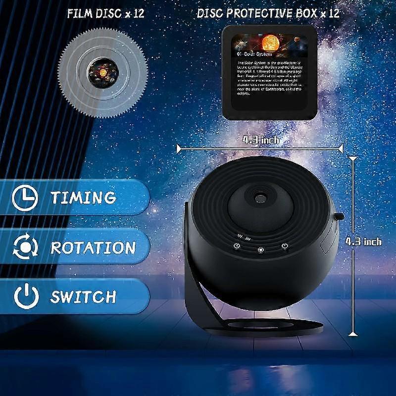 Galaxy Planets Starry Sky Projector Night Light with 12 Sheets Film Discs 360° Rotate Planetarium Kid's Room Decor Projector