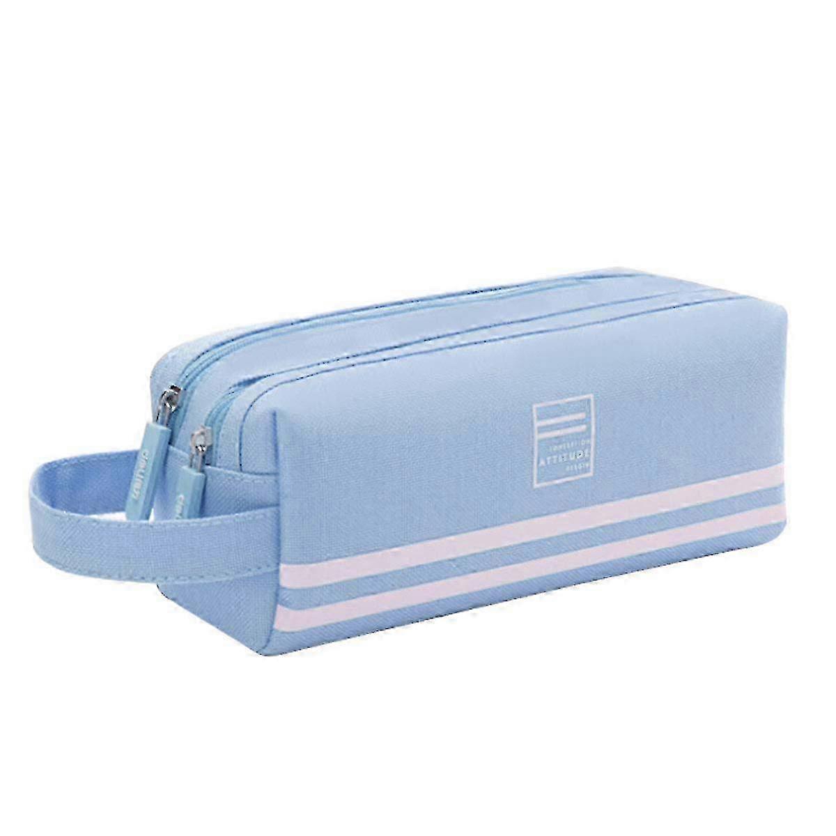 Light Blue School Pencil Case - Double Large Compartments with Handle for All Ages