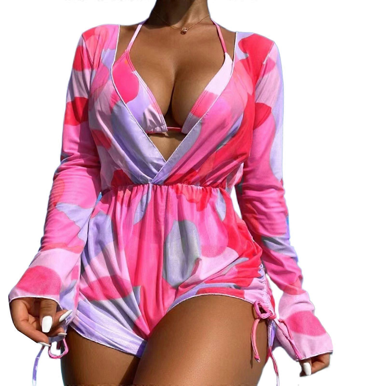 3PCS Donne Costume Da Bagno con Spiaggia Copricostume Breve Tuta Pagliaccetto, Halterneck Top e Vita Bassa Fondo rosa Rosso L