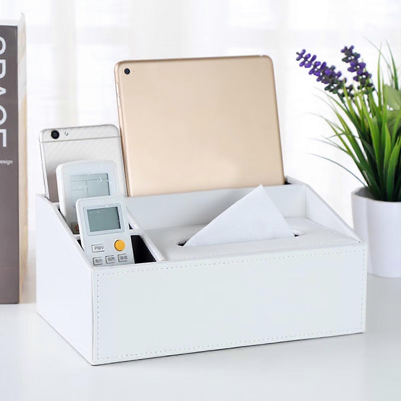 Leather Tissue Box Cover - Rectangular White PU Leather Desktop Organizer with Compartments for Home Office Remote Control Holder