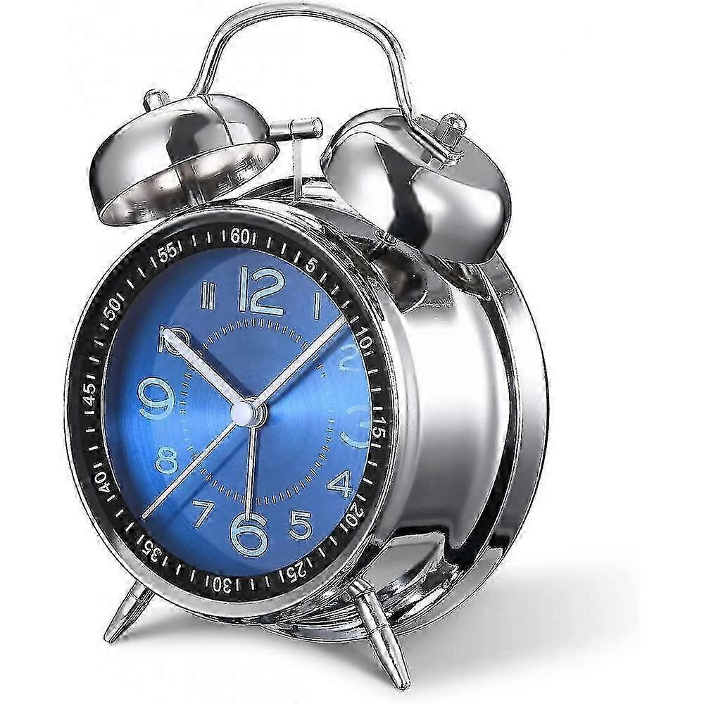 Robust Alarm Clock Designed for Deep Sleepers with 4-Inch Quiet Non-Ticking Quartz Movement Backlit and Twin Bell in Blue Color